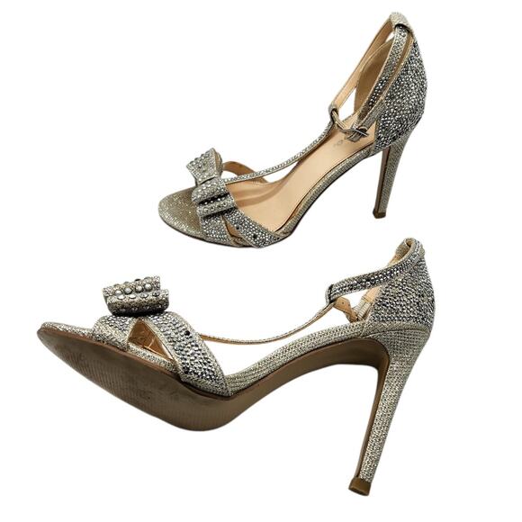 Silver Stone Studded Princess Bow Embellished Strappy Stiletto Pumps Heels 7.5 - Picture 7 of 11